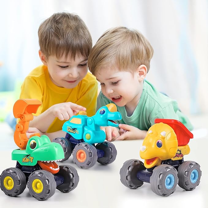 iPlay, iLearn Toddler Dinosaur Monster Truck Toy, Baby Pull Back Toy Car 1 2 3 Year Old Boy, Push Go Dinosaur Trucks, BigWheel Construction Vehicle, Cool Birthday Stocking Gift 12 18 24 Month Kid Girl