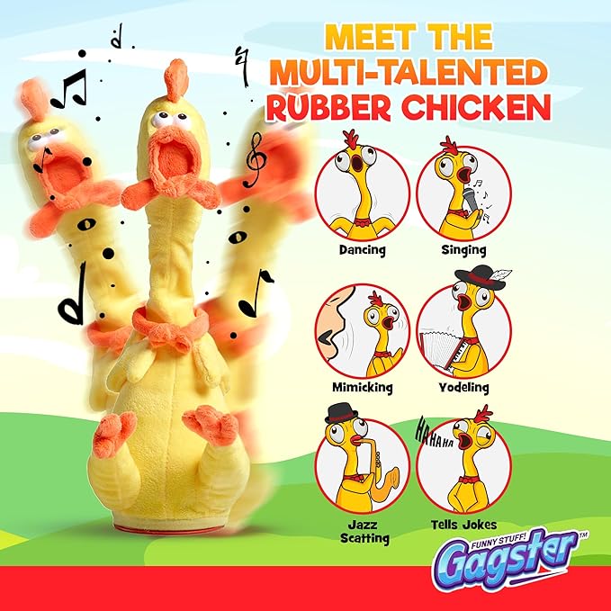 Gagster Rubber Chicken Dancing Toy - Mimicking Toy for Kids - That Repeats What You Say & Tells Jokes, Singing & Talking, Electronic Yodeling for Anyone Who Loves Talking and Funny Gag Gifts