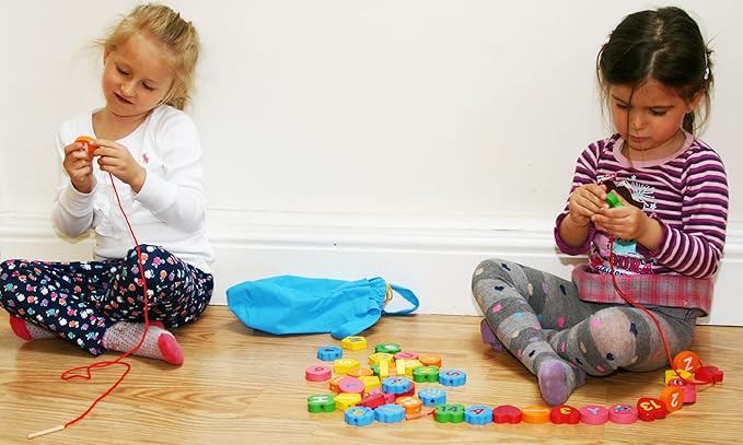 TOWO Wooden Alphabet Number Blocks – Letters ABC Threading Beads Sorting Toy 46 Pieces - Lacing Puzzle- Educational Color Matching Toys for 3 Years Old Fine Motor STEM Montessori Learning