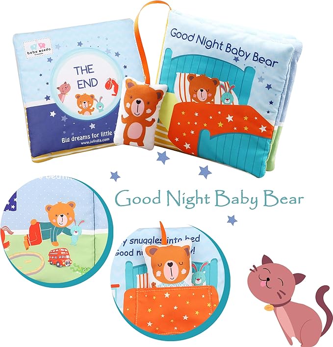 bebe mondo Teddy Bear Baby Book Activity Quiet Cloth Soft Books Developmental Toys Interactive Baby Books for Babies Toddlers Infants, Tummy Time Mirror Toy Gifts for Boys Girl, Goodnight W Box