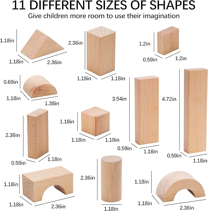 Pidoko Kids 100pcs Natural Beech Wood Building Blocks for Toddlers 1-3, Wooden Blocks with Storage Bucket and Shape Sorter Lid Montessori Toys for 1 2 3 Year Old Boys and Girls, Preschool Learning