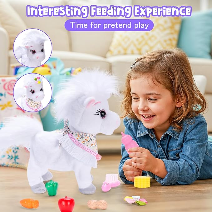 White Walking Singing Pony Set Talking Musical Dancing Pony with Leash, Electric Plush Pretend Play Horse Toy for Girl Kid, Nod Lick Wag Repeat What You Say, Farm Animal Horse Pony Boy