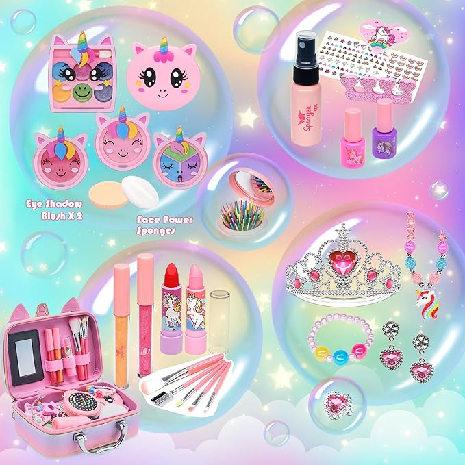 Kids Real Makeup Kit for Girls - 63Pcs Non-Toxic Washable Little Girls Make Up Toys, Princess Cosmetics Set for Toddlers to Tweens