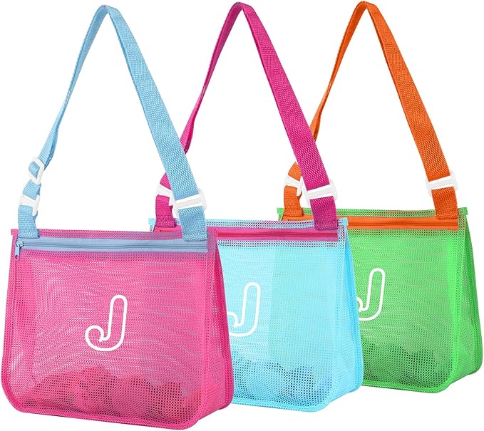 3Pcs Personalized Kids Beach Shell Bag, Initial Seashell Mesh Zipper Beach Pouch, Shell Collecting Bag for Holding Shells with Adjustable Straps, Sand Toys Swim Pouch Gift for Girl Boy Teens(Letter J)