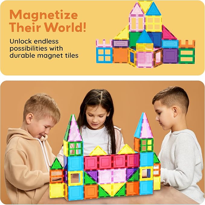 PicassoTiles 101 PCs Magnetic Tiles Building Blocks with Car & Drawstring Carry Bag Toy Storage Magnet Block for Toddlers Kids STEM Toy Set Educational Tile Learning Brain Development Ages 3+ PC101