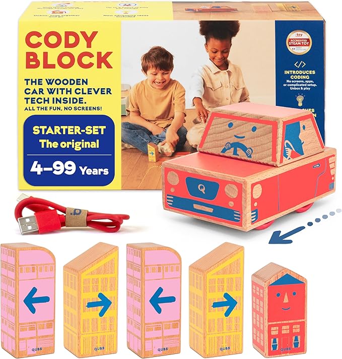 Cody Block Starter Set, Educational Wooden Building Blocks Coding and Car STEM Toys for Preschool Kids Ages 4+, Screen Free