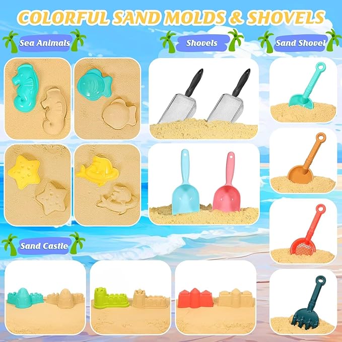 Beach Sand Toys for Kids,Sand toys with 2 Collapsible Beach Bucket,2 Beach Sifter Shovel,Sand Shovel Set,Sand Castle Kit,Sea Animal Molds,Diving Gem Pool Toy,Mesh Bag Travel Toys for Toddler 3-10