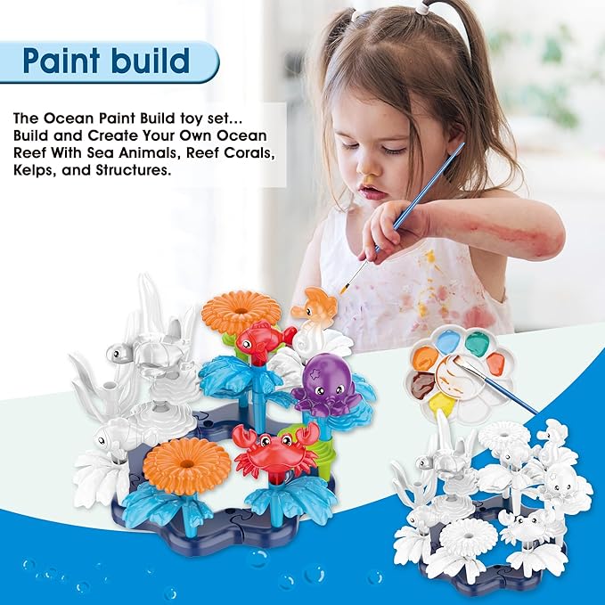 Ocean Reef Sea Creatures 37pcs Water Washable Painting & Building Toy Set, Children's Activity Art Kit, Paint Your Own Buildable Ocean Reef Toy with Free Bubbles Wand Gift