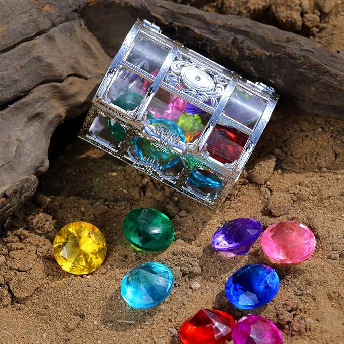 Diving gem Pool Toys Sand Toys,14Colorful Diamond Treasure Chest Summer Swimming gems Pirate Diving Toy Set Underwater Swimming toyChildren's Game Gifts for Boys and Girls(Silver White)