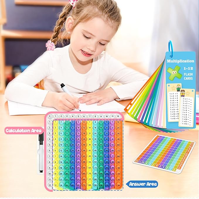 Multiplication Flash Cards + Pop Fidget Multiplication Chart, Times Table Educational Flashcard 3rd Grade, 4th, 5th, 6th Grade for Kids