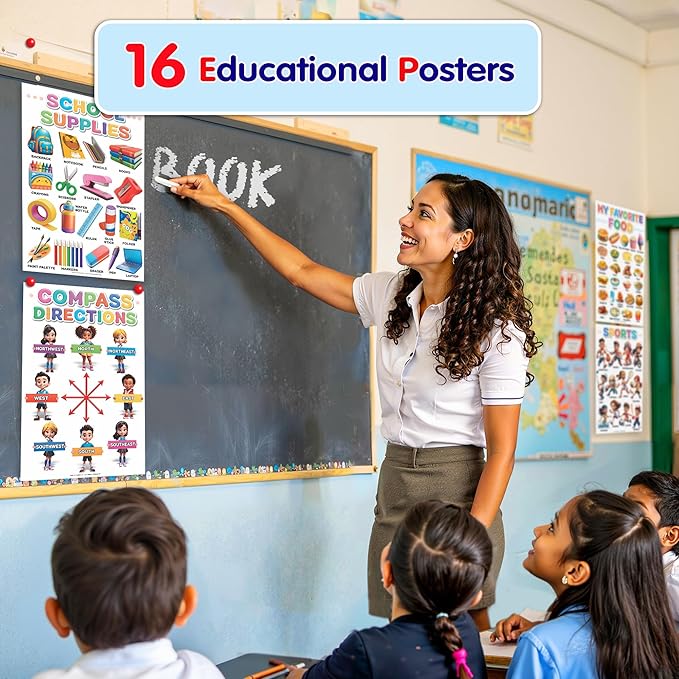 DeeDee's Workshop 16 Educational Posters vol. 2, Toddler Wall Decor, Daycare Essentials, Pre K Learning Materials (English vol. 2)