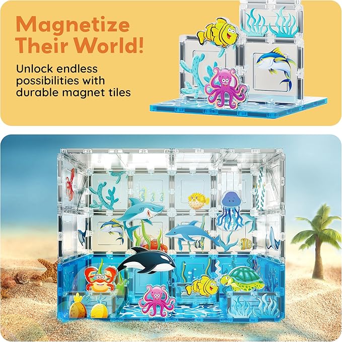 PicassoTiles Magnet Tiles Magnetic Building Blocks Aquarium Marine Animal Theme Set with 8 Character Action Figures Shark Crab Turtle STEM Toys Construction Preschool Toddlers Kids Boys Girls 3+ PTQ15
