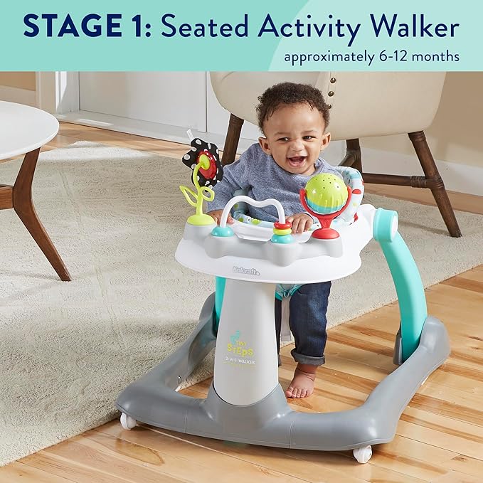 Kolcraft Tiny Steps 2 in 1 Foldable Infant and Baby Walker with Wheels, Seated or Walk Behind Activity Center, Entertaining Developmental Activities for Boys and Girls, Wide Base Sturdy Frame, Bubbles