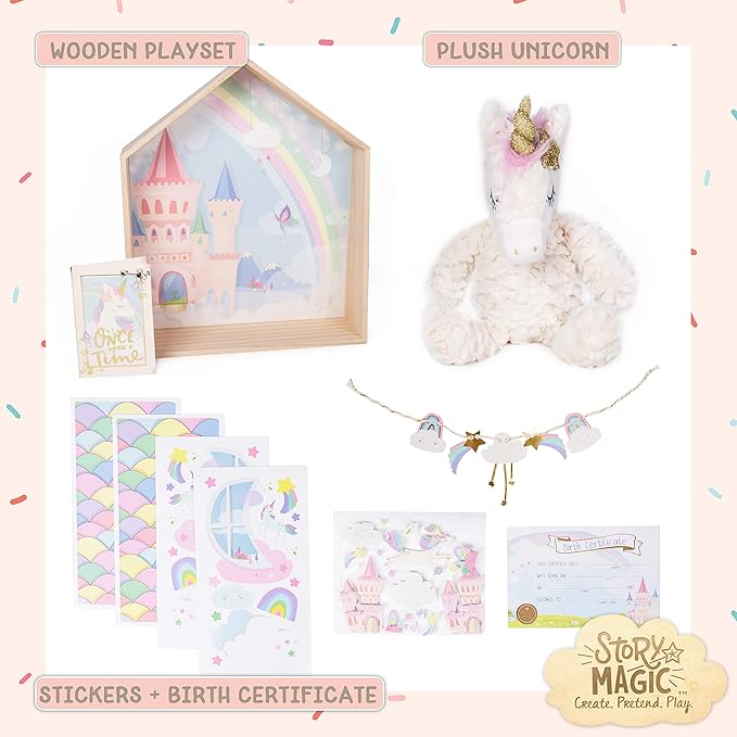 Story Magic Unicorn Dream Dollhouse by Horizon Group USA,Plush Unicorn Doll,Pretend Play Activity,Decorate Wooden Doll House With Stickers,Play Scene & More!Includes Stuffed Animal,Perfect For Ages 4+
