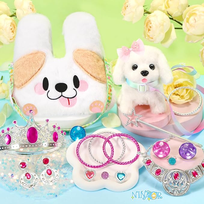 Plush Dog Toys for Kids with Crossbody Bags Princess Jewelry, Robot Puppy with Leash Walking Barking, Pretend Play Dress Up Interactive Stocking Stuffers for Toddler Girl Toys Birthday Gifts