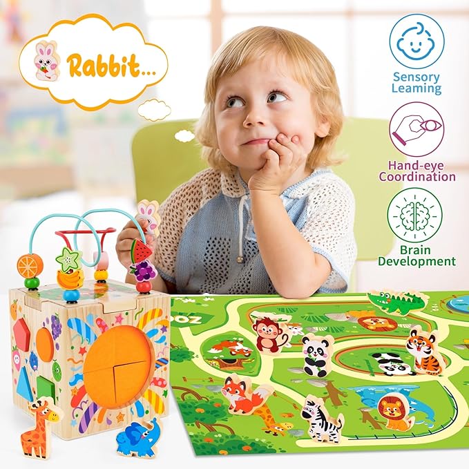 Wooden Activity Cube | Montessori Toys for 1-2 Year Old Toddlers | One Year Old 1st First Birthday Gift | Developmental Toys for 12 Months Baby Boys Girls | Bonus Sorting & Stacking Board (Pink)