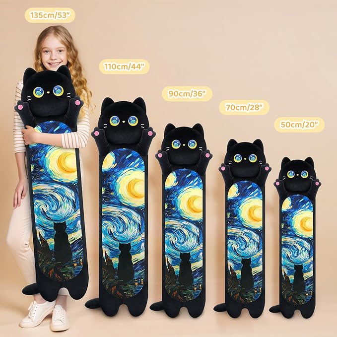 Mewaii Long Cat Plush 5 Sizes, 120% Extra Filling Giant Plushness Kids Body Pillow, Kawaii Cute Black Starry Cat Stuffed Animals Plushies, Big Long Body Pillow Plush Gift for Girls 20”