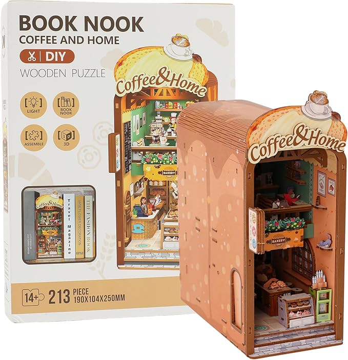 Book Nook Kit - DIY Miniature House Kit for Adults, Dollhouse Booknook Tiny House Bookshelf Decor 3D Wooden Puzzle Street Model, Ideal Gift for Book Lovers, Family, Friends (Coffee & Home)