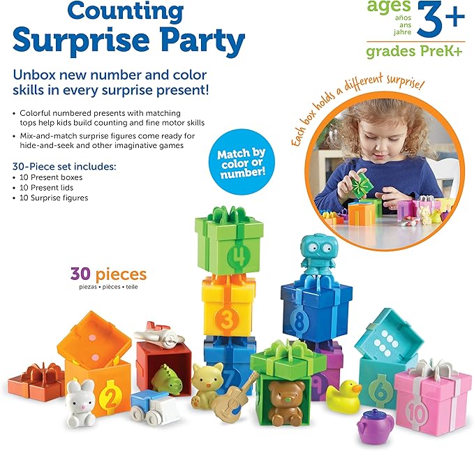 Learning Resources Counting Surprise Party - Toddler Montessori Toys, Stacking Preschool Activities, Matching Color Game, Homeschool, Fine Motor Skills, Gifts For Boys And Girls, Manipulatives