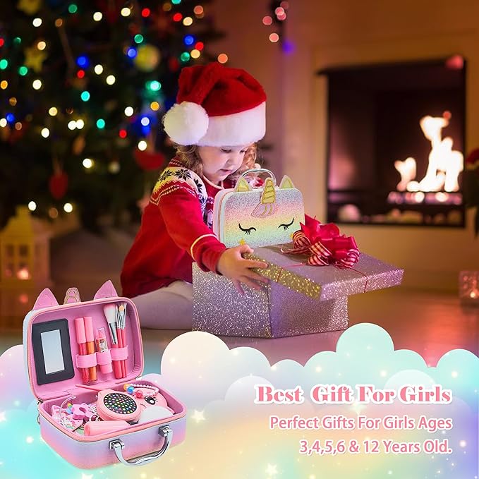 Kids Real Makeup Kit for Girls - 63Pcs Non-Toxic Washable Little Girls Make Up Toys, Princess Cosmetics Set for Toddlers to Tweens