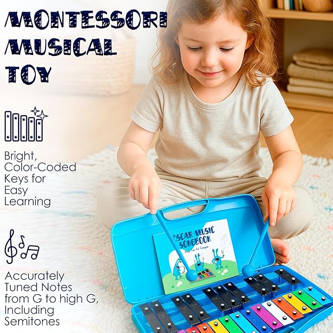MINIARTIS Glockenspiel Xylophone | 25 Note Colorful Metal Keys Xylophone for Kids | Percussion Musical Instrument | Educational Music Toy Includes Music Songbook, Mallets and Blue Carry Case