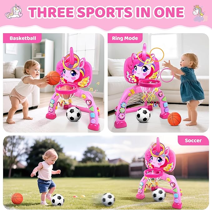 Marstone Toys for 1 Year Old Girl Gifts: Toddler Basketball Hoop and Soccer Goal with Sound and Music, Educational Sport Toys for Kids 1-3, 1st First 12-18 Month Birthday Present