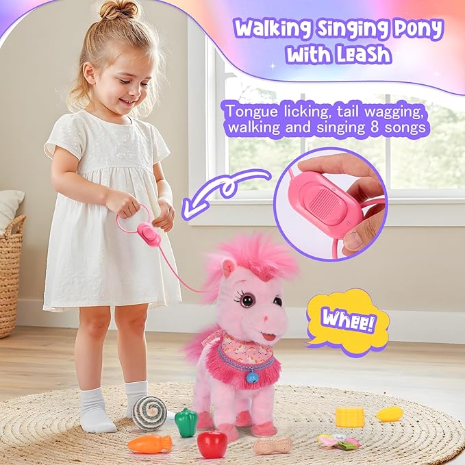 Pink Walking Pony Set Interactive Talking Singing Dancing Horse Walk Along with Remote Control Leash Plush Pony Pet Toy for Kid, Nod Lick Wag Repeat What You Say, 3+ Girl Boy