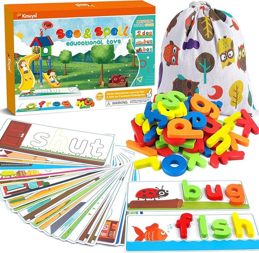 KMUYSL Learning Toys for 3 4 5 6 Years Old Boys and Girls - See & Spell CVC Word Builders with Alphabet Cards for Kids, Preschool Learning Activities Toys, Idea Birthday Gifts for Age 3-5 4-6 Kids