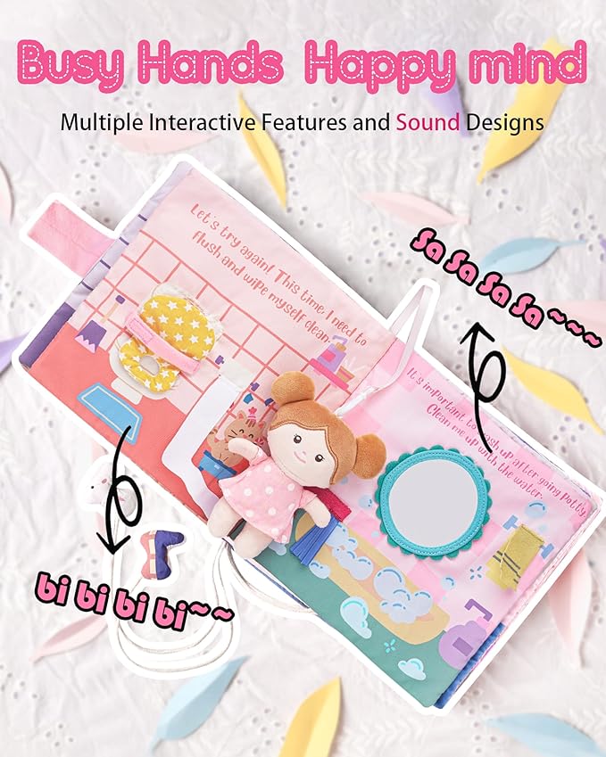 LeyaDoll Interactive Sensory Soft Cloth Book, Educational Crinkle Quiet Activity Busy Book for Babies,Toddler Travel Toy Gift for Boys and Girls (Hello Potty)