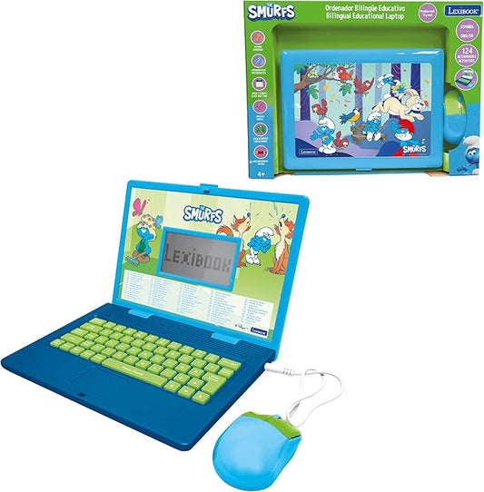 Lexibook, The Smurfs, Bilingual Spanish/English Educational Computer, Toy for Children with 124 Language, Writing, Maths, Logic, Music Activities and Games, Blue, JC598SFi2