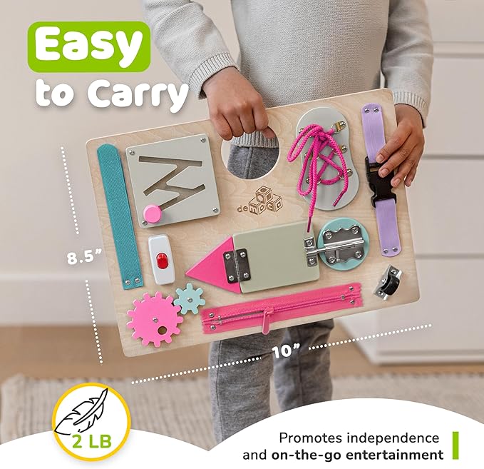deMoca Sensory Busy Board for Toddlers, Premium Wooden Toddler Busy Board for 1 2 3 Year Old with 10 Educational Activities for Fine Motor Skills, Fidget Activity Toy for Travel Toy