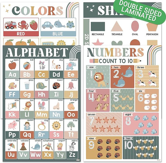 BEAWART ABC Alphabet Posters (Pack 4 - 16'x24'), Color Shape Number Chart for Classroom Decor, Educational Posters for Toddlers 1-3, Learning Chart for Preschoolers, Homeschool Supplies, Double Laminated (Retro Boho)