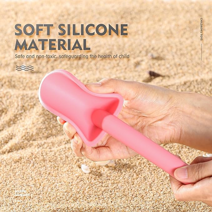 MarcZero 11Pcs Silicone Beach Toys,Modern Baby Beach Toys,Travel Friendly Beach Set,Eco Friendly Toy,Silicone Bucket, Shovel, 8 Sand Molds, Beach Bag,Silicone Sand Toys for Toddlers, Kids (Peach Pink)