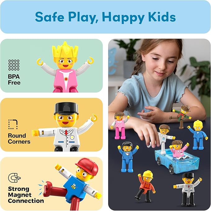 PicassoTiles Magnetic Figure Playset 15 PCS Rotatable Characters Toys for Kids Add On Set for Building Block Tiles Toddlers Sensory Pretend Play Travel Gift