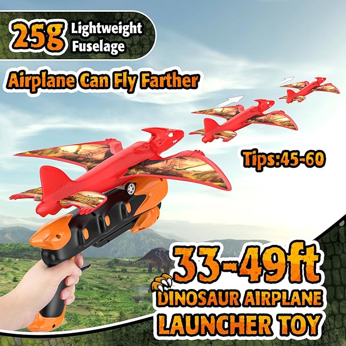 Aiencsai 3 Pack Dinosaur Airplane Launcher Toys for Kids, Foam Airplanes for Kids Boys Toys with Stickers, Outdoor Flying Toys Birthday Gifts for 4 5 6 7 8 9 10 12 Year Old Boys Girls.