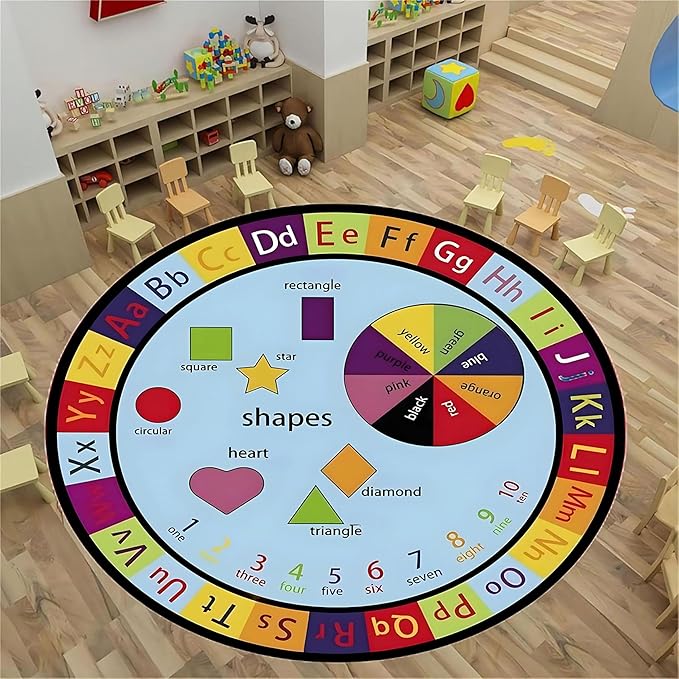 Round Kids Rug,6ft,ABC Letters and Numbers Early Learning Rug, Rug for Kids to Learn Colors and Shapes, Suitable for Classroom Playroom, Soft Non-Slip Floor Mat, Boys Girls Bedroom Decoration