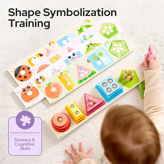 lalalark Montessori Toys for 1 2 3 Year Old Boy Girl, Wooden Sorting & Stacking Toys, Shape Sorter Baby Toy, Educational Sensory Toys for Kids, Wooden Blocks for Toddler 1-3, Christmas Birthday Gifts