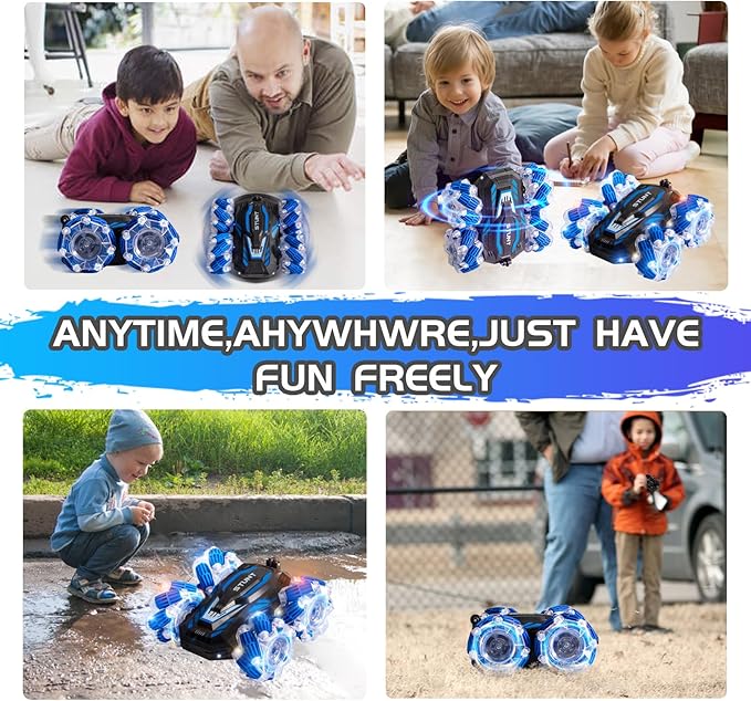 Remote Control Car, 2.4 Ghz 4WD Gesture Sensing RC Stunt Car, Double Sided 360° flip, with Cool Lights and Music, Birthday Present Toys Car for Boys SND Girls Aged 5-12 (Blue)