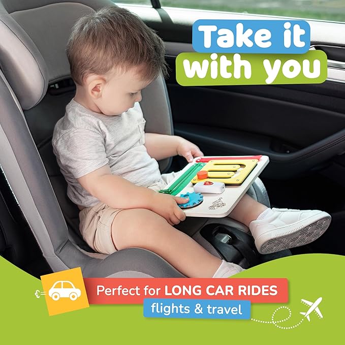 deMoca Sensory Busy Board for Toddlers, Premium Wooden Toddler Busy Board for 1 2 3 Year Old with 10 Educational Activities for Fine Motor Skills, Fidget Activity Toy for Travel Toy