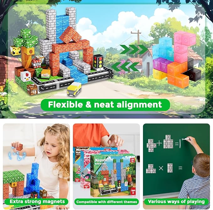 Magnetic Blocks - 150PCS Magnetic Building Blocks Road Forest Magnetic Cubes - STEM Toys for Montessori Toddler Birthday Gifts -STEM Sensory Construction Toys for Kids Ages 3+ for Boy & Girl