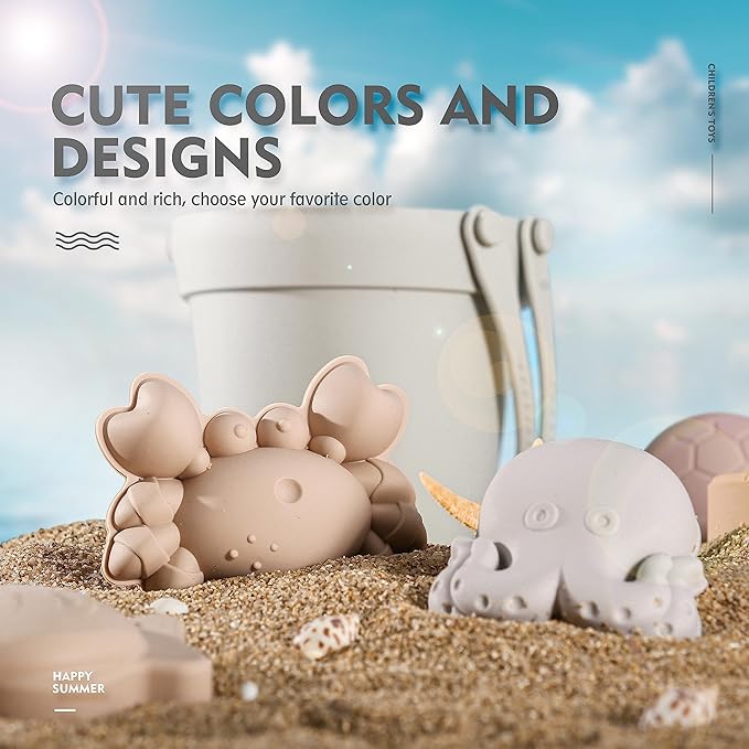 MarcZero 11Pcs Silicone Beach Toys Set - Travel Friendly With Bucket, Shovel, 8 Sand Molds, Bag - Modern Baby Sand Toys for Toddlers, Kids (Gray)