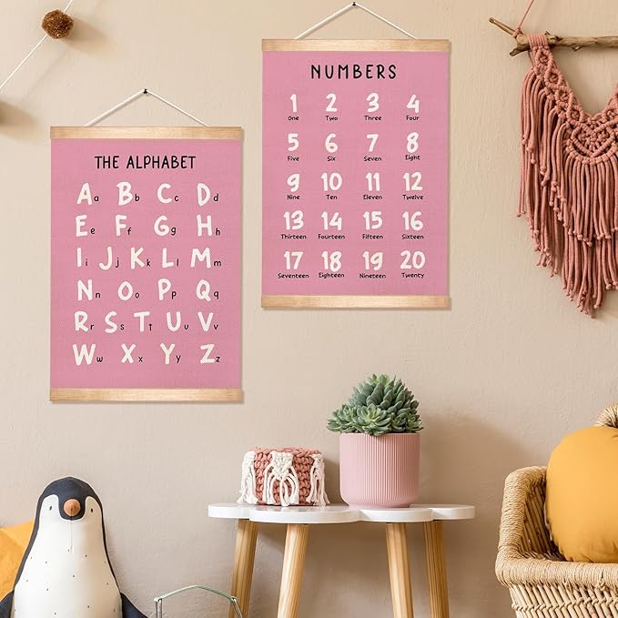 HEYJEEPER Kids Alphabet and Numbers Learning Posters Set of 2,18.5x14 Inch Linen&Canvas Educational Wall Art with Wood Hanger, ABC 1-20 Chart for Toddlers Classroom Nursery Playroom Decor(Pink)