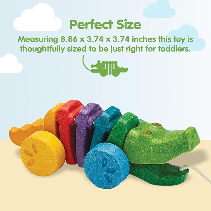 PlanToys® Rainbow Dancing Alligator Pull Toy for Toddlers | Eco-Friendly Wooden Toy with Click-Clack Sound | Walking Toy for Babies