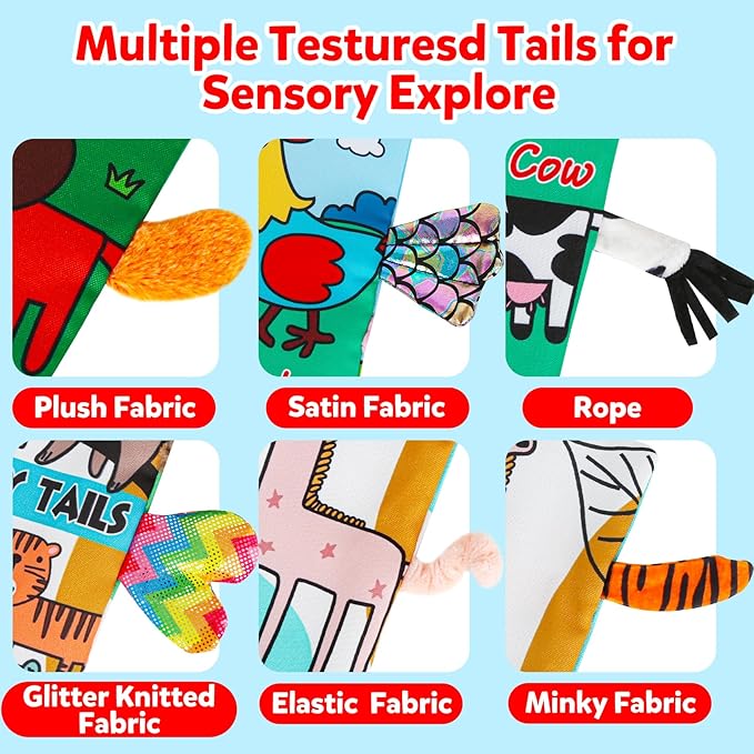 2Pack Soft Baby Books Animal Tails Toy Touch and Feel Crinkle Cloth Book Infant Toy with Non-Toxic Fabrics, Baby Shower, Thank You Gifts for Newborn Boys and Girls 3-12 Months