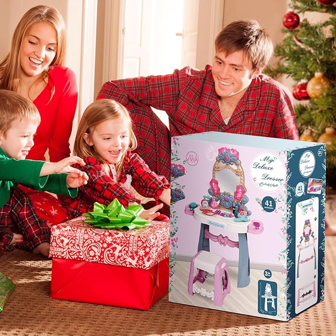 VViN Kids Vanity Set for Girls with Light & Music, Princess Vanity Table with Stool, Pretend Makeup Dresser with Crown, Scepter, Gloves & Jewelry Accessories, Toys for 3 4 5 Year Old