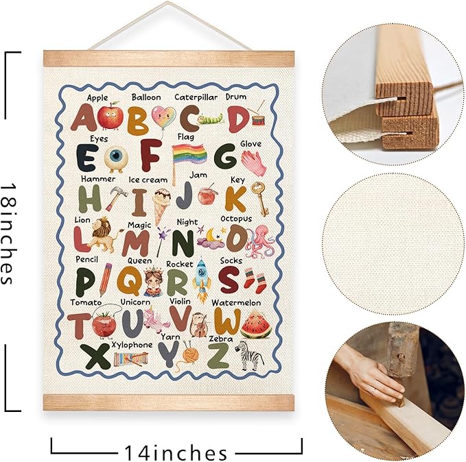 Educational Wall Art Posters ABC Alphabet Chart, Learning Posters for Kids,ABC Banner Poster, Canvas Wall Hanging Decor for Toddler Room Playroom Nursery Wall Classroom Decor 18.5x14inch(Colorful-06)