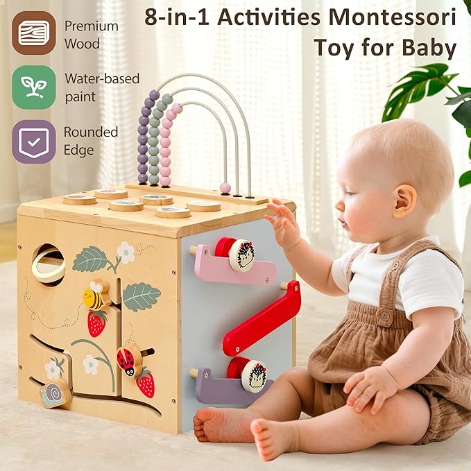 Large Activity Cube, Wooden Play Cube with 8-in-1 Activity Center, Baby Multipurpose Montessori Toy Activity Learning Cube Toy, Early Developmental Learning Toys for Baby Age 12M+