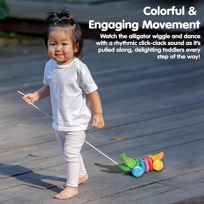 PlanToys® Rainbow Dancing Alligator Pull Toy for Toddlers | Eco-Friendly Wooden Toy with Click-Clack Sound | Walking Toy for Babies