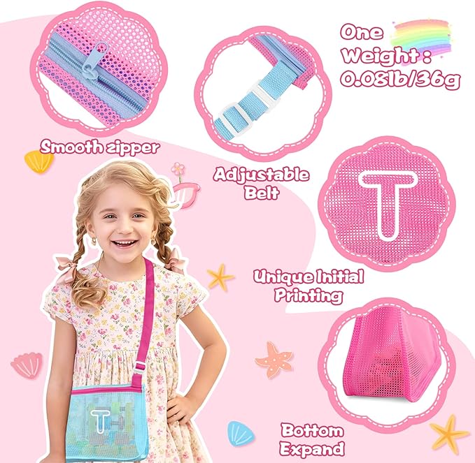 3Pcs Personalized Kids Beach Shell Bag, Initial Seashell Mesh Zipper Beach Pouch, Shell Collecting Bag for Holding Shells with Adjustable Straps, Sand Toys Swim Pouch Gift for Girl Boy Teens(Letter T)