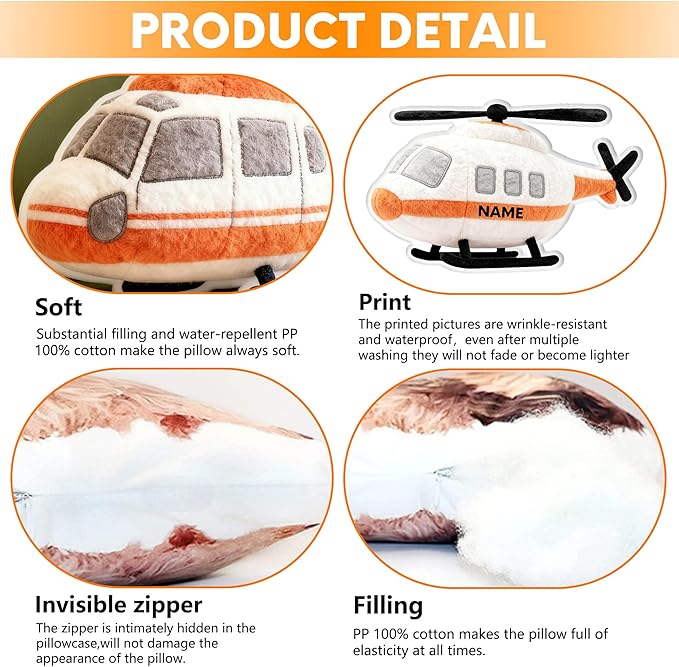 Custom Helicopter Shaped Pillow Cute Personalized Name Plush Doll, Double-Sided Construction Engineering Vehicle Pillow for Kids, Birthday gifts for Boys and Girls Sofa Decorative Pillows 8-32in